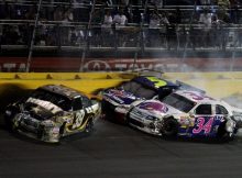 Ryan Newman, Mark Martin and David Gilliland get tangled up on lap 301 during the Coca-Cola 600 at Charlotte Motor Speedway. Credit: Jerry Markland/Getty Images for NASCAR